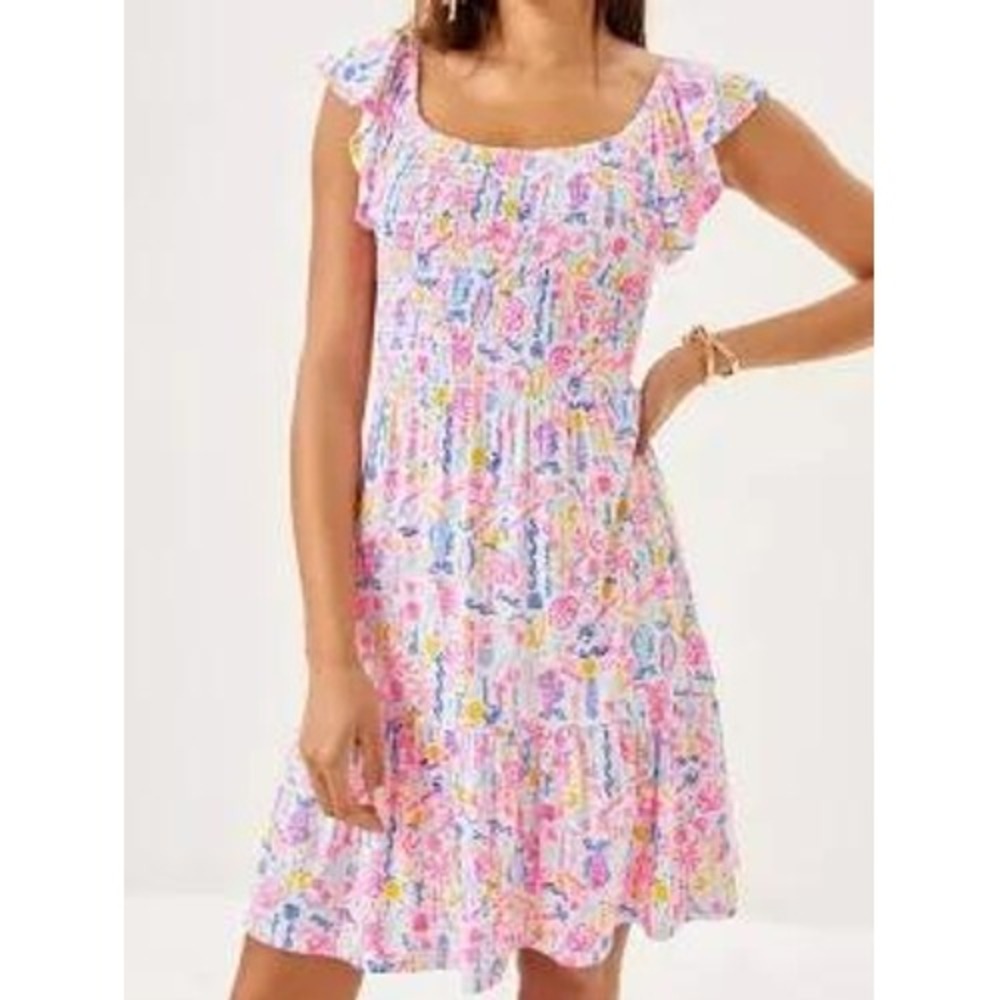 Lilly Pulitzer Jilly Smocked Dress in Summer Serenade Size XL Tiered Ruffle